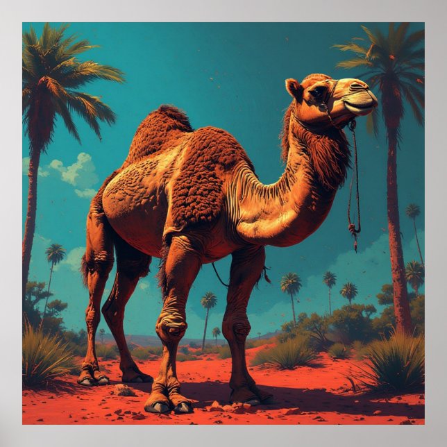 Desert Camel Stands Tall Under Palm Trees Poster (Front)
