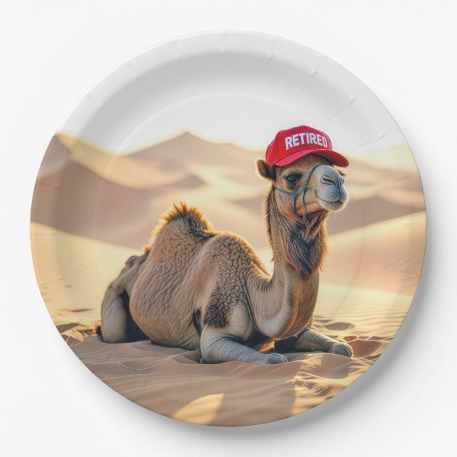 Desert Camel Wearing a Red Retired Cap Paper Plate (Front)