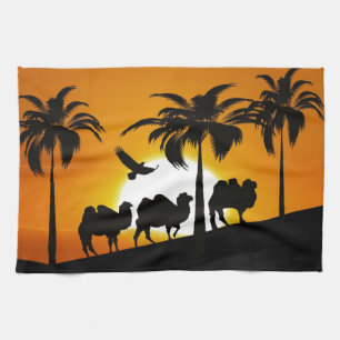 Desert Camels at sunset Tea Towel
