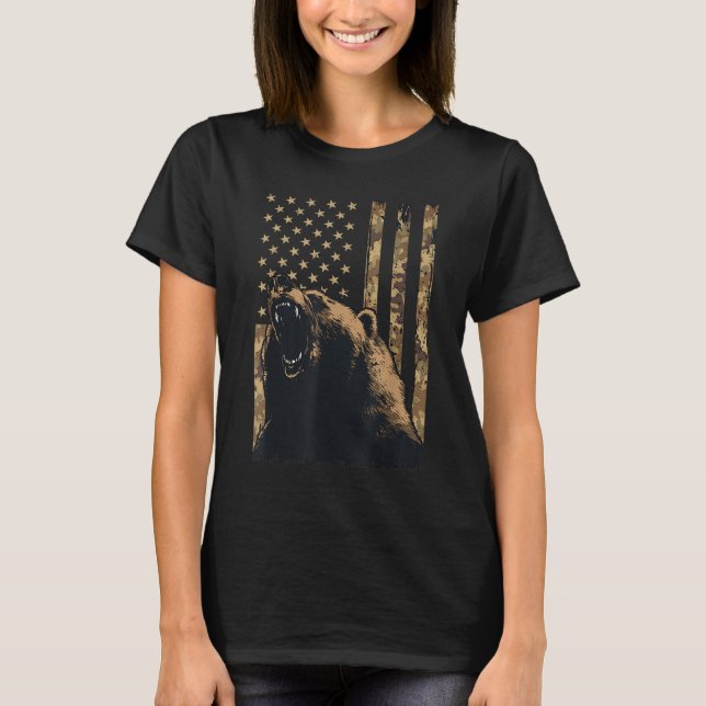 Desert Camo Grizzly Bear Grunge American Flag Tact T-Shirt (Front)