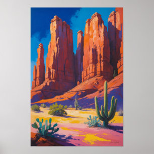 Desert Canyon with Red Rock Formations and Cactus Poster