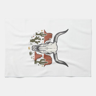 Desert Cow Skull Vintage Southwest Cactus Art Tea Towel