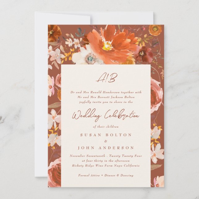 Desert Cream Terracotta Monogram Floral Frame Invitation (Front)
