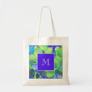 Desert Digital Green Prickly Pear Cactus Monogram Tote Bag