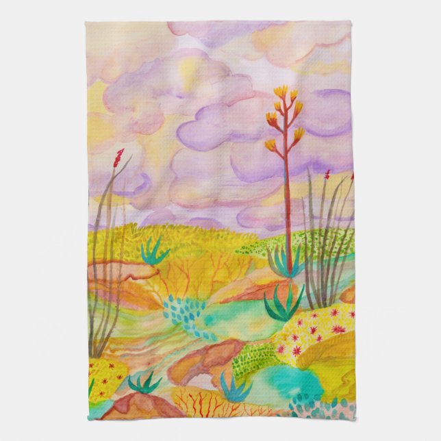 Desert Dreams Garden Watercolor New Mexico Tea Towel (Vertical)