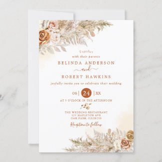 Desert Earthy Fall Boho Rose Pampas Grass Wedding  Invitation