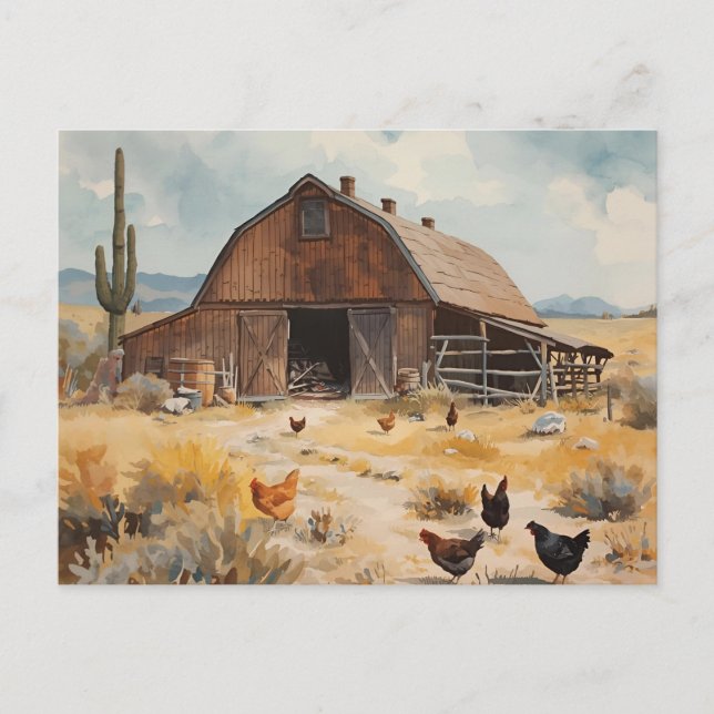 Desert Farmhouse Barn with Chickens Postcard (Front)