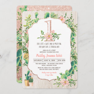 Desert Flower Glitter 1- First Birthday Invitation