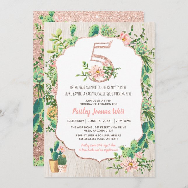 Desert Flower Glitter 5  Fifth Birthday Invitation (Front/Back)
