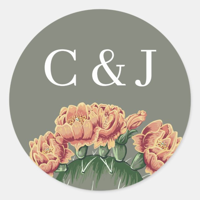 Desert Flowering Cactus Wedding Couple's Initials Classic Round Sticker (Front)