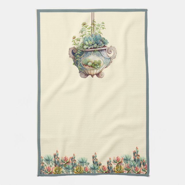 Desert Garden Succulents Cactus Agave Tea Towel (Vertical)