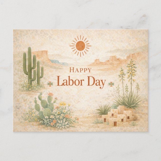 Desert Green Orange Landscape Happy Labor Day Holiday Postcard (Front)
