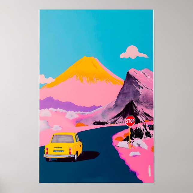 Desert Highway Art Print Yellow Car, Volcano (Front)