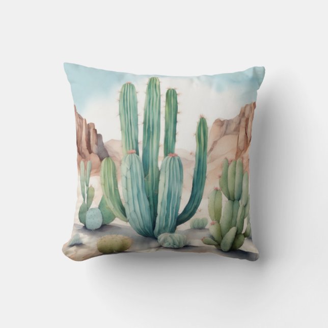 Desert Inspired Watercolor Cactus Decorative  Cushion (Front)