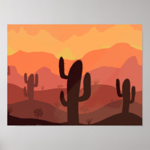 Desert Landscape Drawing with Plants Poster