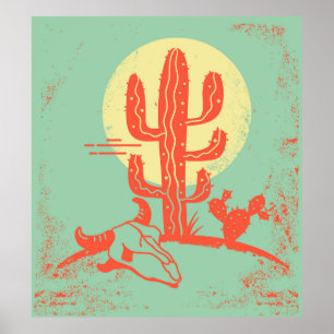 Desert landscape with Cactuses and cow skull. Vint Poster