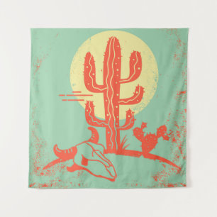 Desert landscape with Cactuses and cow skull. Vint Tapestry