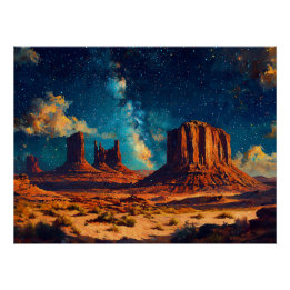 Desert Landscape with Towering Sandstone Formation Poster