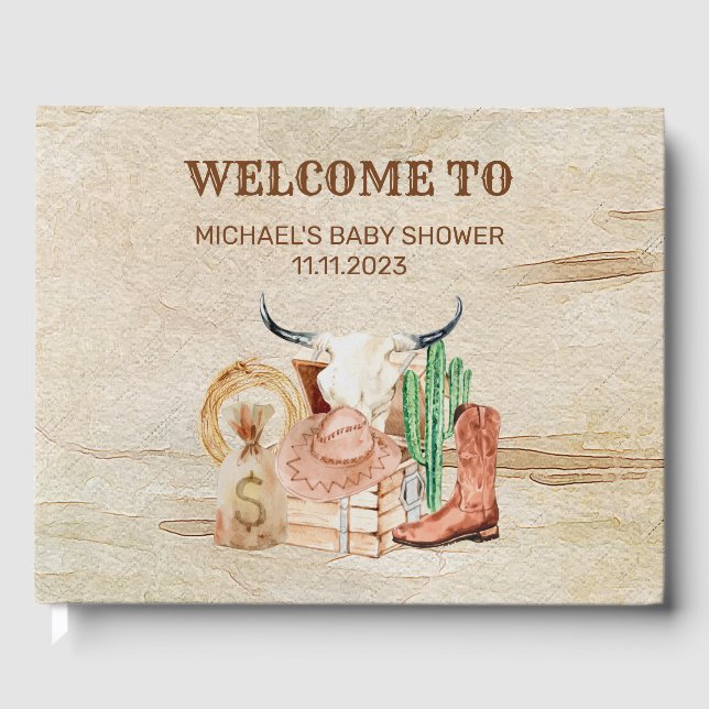 Desert Little Cowboy Baby Shower Western Guest Book (Front)