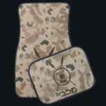 Desert Maccabee Shield And Spears Car Mat<br><div class="desc">A military brown "subdued" style depiction of a Maccabee's shield and two spears on a desert camo background. The shield is adorned by a lion and text reading "Yisrael" (Israel) in the Paleo-Hebrew alphabet. Hebrew text reading "Maccabee" also appears. The Maccabees were Jewish rebels who freed Judea from the yoke...</div>