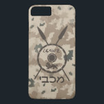 Desert Maccabee Shield And Spears iPhone 8 Plus/7 Plus Case<br><div class="desc">A military brown "subdued" style depiction of a Maccabee&#39;s shield and two spears on a desert camo background. The shield is adorned by a lion and text reading "Yisrael" (Israel) in the Paleo-Hebrew alphabet. Hebrew text reading "Maccabee" also appears. The Maccabees were Jewish rebels who freed Judea from the yoke...</div>