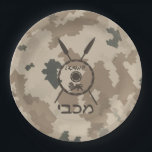 Desert Maccabee Shield And Spears Paper Plate<br><div class="desc">A military brown "subdued" style depiction of a Maccabee's shield and two spears on a desert camo background. The shield is adorned by a lion and text reading "Yisrael" (Israel) in the Paleo-Hebrew alphabet. Hebrew text reading "Maccabee" also appears. The Maccabees were Jewish rebels who freed Judea from the yoke...</div>