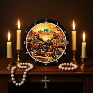 Desert Motorcycle Sunset Large Clock