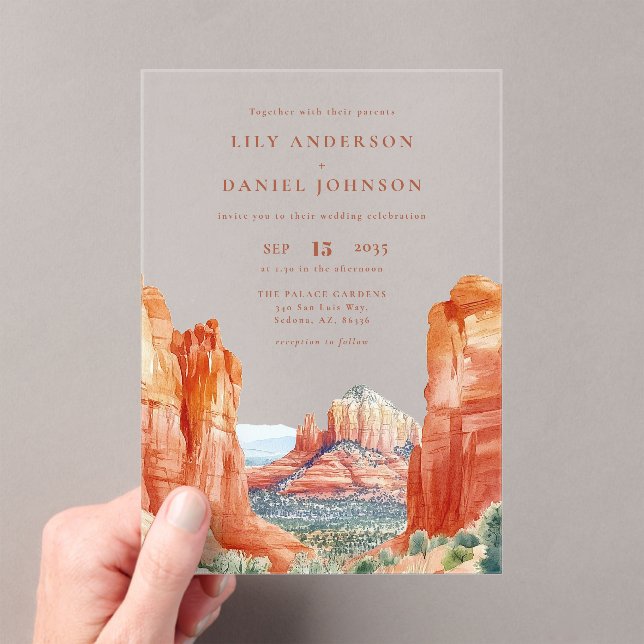 Desert Mountain Watercolor Destination Wedding Acrylic Invitations (Insitu (Handheld))