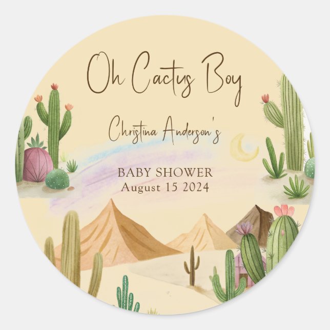Desert Oh Cactus Boy Boho Arch Baby Shower Classic Round Sticker (Front)