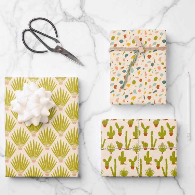 Desert Palm Botanicals, Cacti and Terrazzo - Cream Wrapping Paper Sheet (Front)