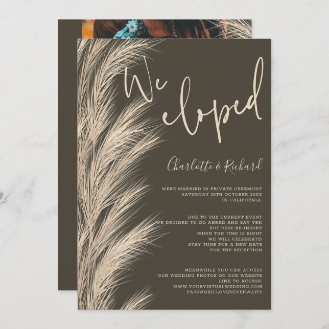 Desert pampas boho beige we eloped wedding photo announcement (Front/Back)