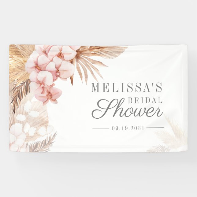 Desert Pampas Grass Boho Pink Floral Bridal Shower Banner (Horizontal)