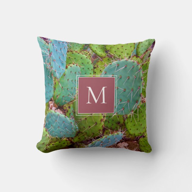 Desert Prickly Pear Cactus Monogram Succulent Cushion (Front)