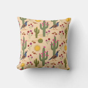Desert Quail Colourful Cactus Floral Southwest Cushion