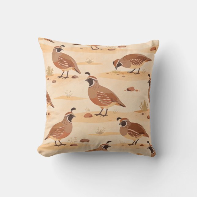 Desert Quail Pattern Warm Sand Minimal Wildlife Cushion (Front)