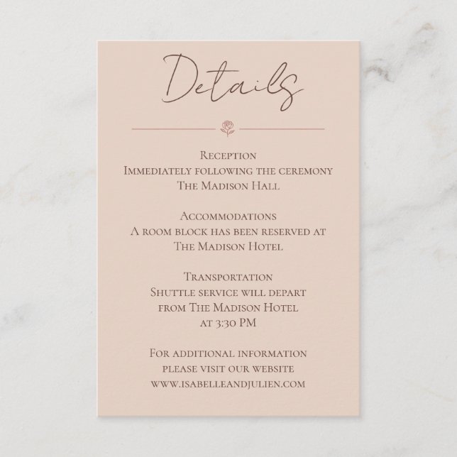 Desert Rose – Minimalist Wedding Details Card (Front)