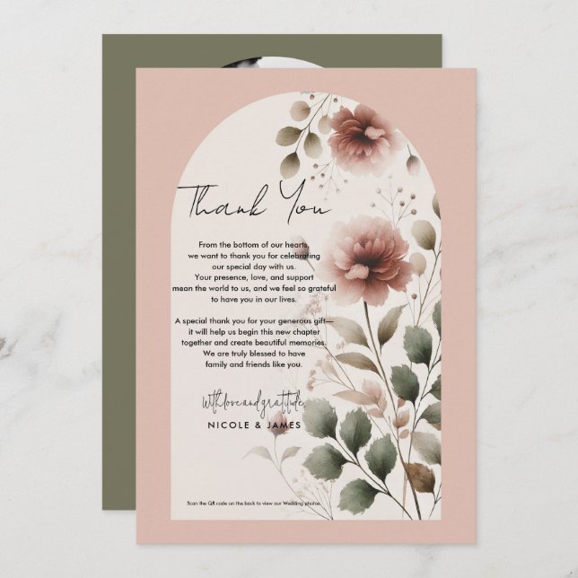 Desert Rose Pink & Green Floral Greenery Thank You Invitation (Front/Back)