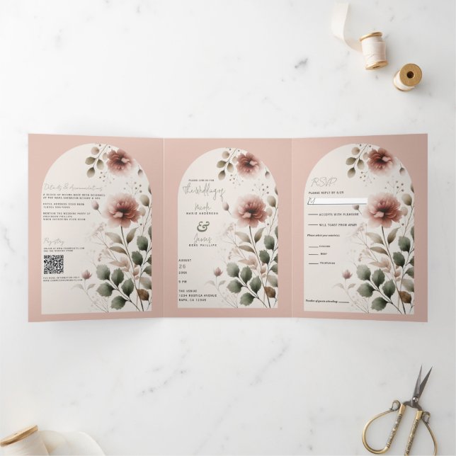 Desert Rose Pink & Green Floral Greenery Wedding Tri-Fold Invitation (Inside)