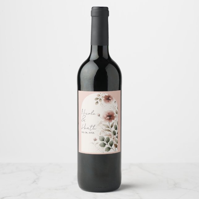Desert Rose Pink & Green Floral Greenery Wedding Wine Label (Front)