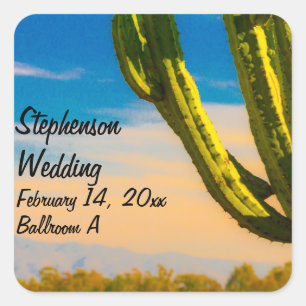 Desert Saguaro Cactus Wedding Name Location Square Sticker