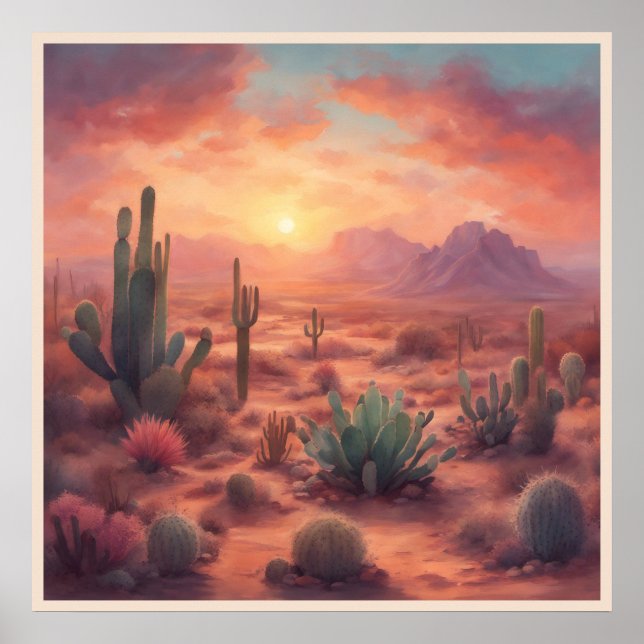Desert Sequoia Cactus Colourful Sunrise Art Poster (Front)