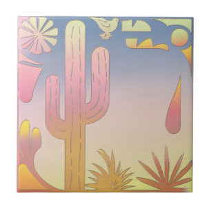  "Desert Serenity" (Cactus & Bird Illust Ceramic Tile