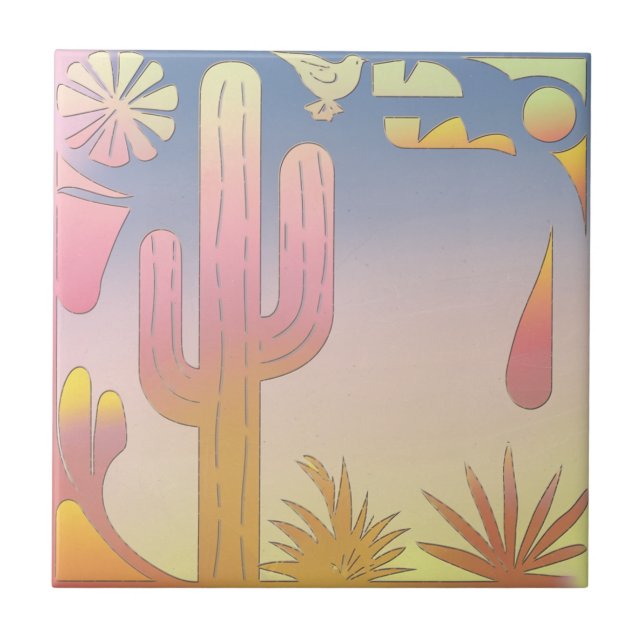  "Desert Serenity" (Cactus & Bird Illust Ceramic Tile (Front)