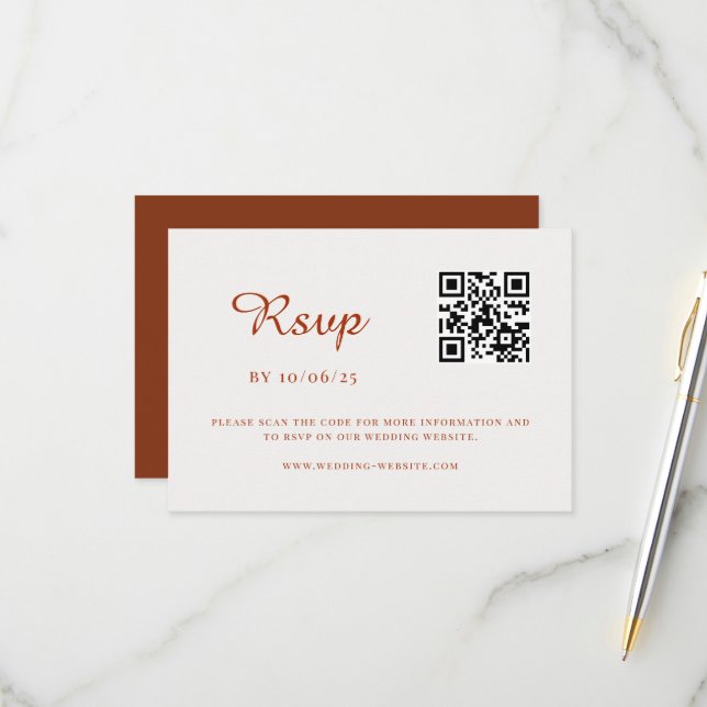 Desert Sienna Minimalist Wedding QR Code RSVP Card (Front/Back In Situ)