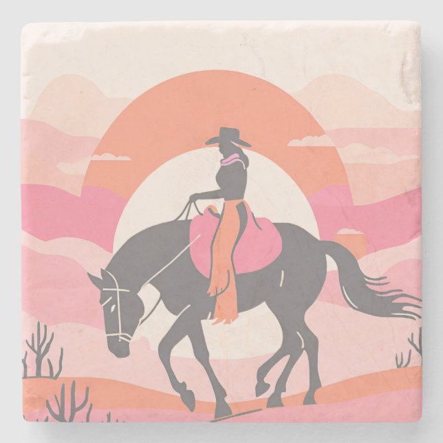 Desert Skies with Cowgirl Riding her Horse Stone Coaster (Front)