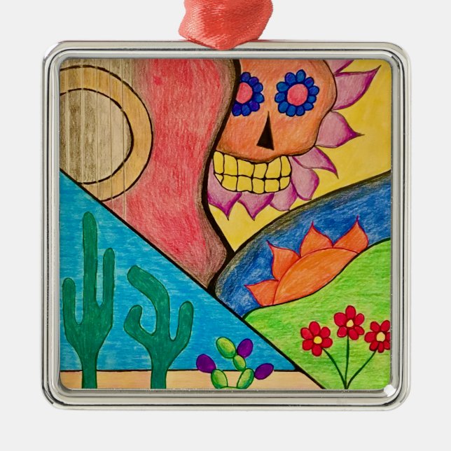 Desert Skull Christmas Cactus Colourful Metal Ornament (Front)