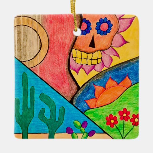 Desert Skull Christmas Cactus Folk Art Ceramic Ornament (Front)