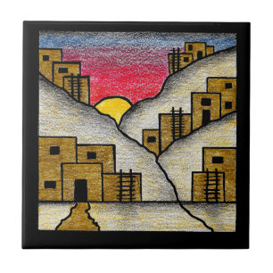 Desert Southwest Adobe Village Folk Art Ceramic Tile