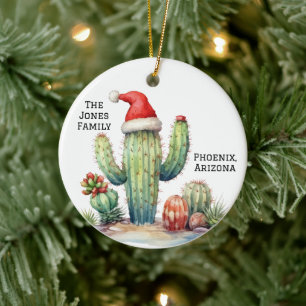 Desert/Southwest Cactus with Santa Hat Ceramic Ornament