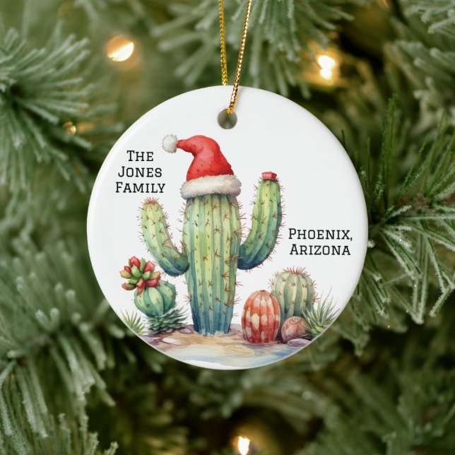 Desert/Southwest Cactus with Santa Hat Ceramic Ornament (Tree)